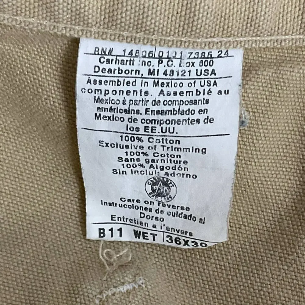 Carhartt B11 Washed Duck Work Pants Cargo Dark Khaki Tan Wet Pants size 36 x 30